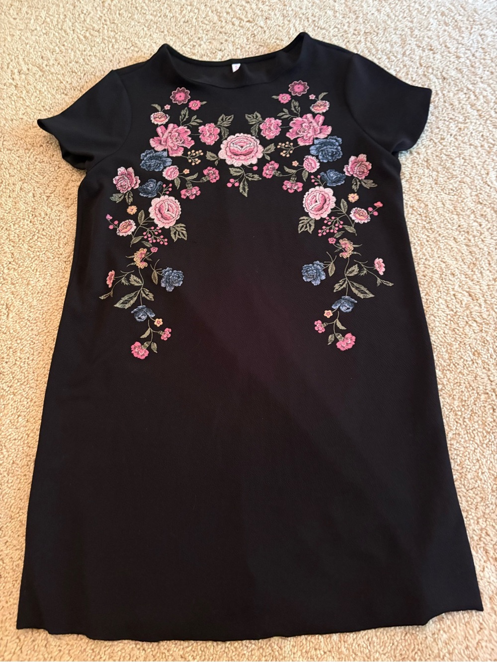 Xhilaration Black Shift Dress with Pink and Blue Floral Embroidery